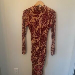 Avec Les Filles Beige and Burgundy Velvet Burnout Long Sleeve Midi Dress